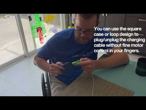 In this video Mark demonstrates how he uses an adaptive iPhone charging cable enclosure to plug/unplug a charging cable with his iPhone.