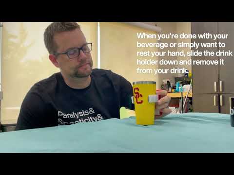 In this video Mark demonstrates how he uses an adaptive drink holder to secure a trumpet style cup without lifting it off of the table.  He then rolls around with his drink secured in his hand.